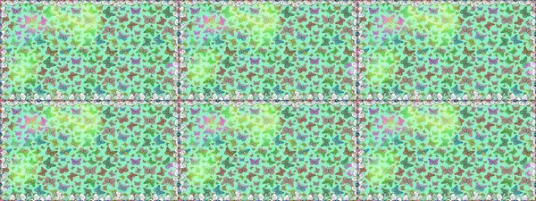 Raster. Mavi ve yeşil arka planda kelebekler. Kağıt, kumaş ve ambalaj için uygun. Kusursuz desen.