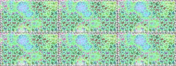 Mavi ve nötr renkte resim. Raster illüstrasyonu. Kelebeklerle parlak, pürüzsüz bir desen. Moda Kumaşı Tasarımı.