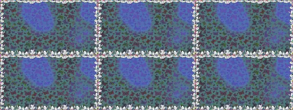 Raster. Mavi ve mor renkli illüstrasyon. Moda Kumaşı Tasarımı. Egzotik Kelebekli Tropikal, pürüzsüz desen.