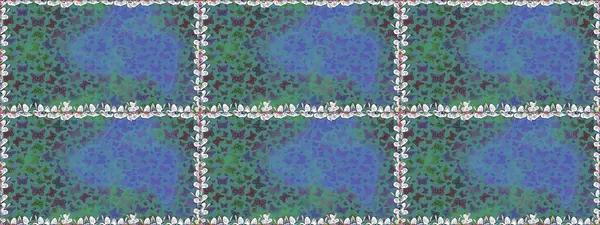 Giysi tarzı için mavi ve yeşil arka planda dekorasyon. Tasarım için Raster Kelebekleri. Raster illüstrasyonu. Farklı renkte kelebeklerden kusursuz. Fantezi renkli resimler koleksiyonu.