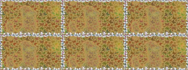 Kelebeklerle kusursuz desen. Sarı ve kahverengi renkli illüstrasyon. Raster. Tekstil, kumaş, baskı ve davet için arkaplan.