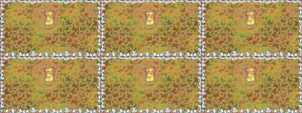 Dekoratif Raster çizimi. Renkli romantik kelebekler kusursuz desenli arka plan. Sarı ve kahverengi renklerde soyut bir arkaplan. Elle çizilmiş kelebeklerle.