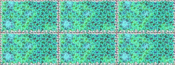 Mavi ve yeşil arka planda renkli kelebekler. Paketleme, kağıt ve kumaş için uygun. Kelebeklerle renklendirilmiş, pürüzsüz bir desen.