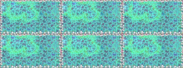 Mavi ve yeşil renkli bir resim. Fantezi çizimi. Raster illüstrasyonu. Kelebeklerle güzel bir moda modeli. Moda sevimli kumaş tasarımı.