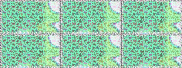 Raster. Mavi ve yeşil renklerle ilgili kusursuz çiçek desenli arka plan. Duvar kağıtları, web sayfası geçmişi, yüzey dokuları, tekstil için mükemmel. Resimler tropikal kelebeklerle birlikte.