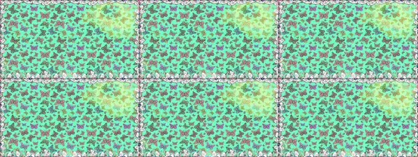 Parlak kelebeklerin kusursuz arka planı. Güzel renkli kelebekler mavi ve yeşil renklerde kaotik bir şekilde uçarlar. Kumaş için uygun. Raster. Uçan güvelerle kusursuz çok renkli arkaplan.