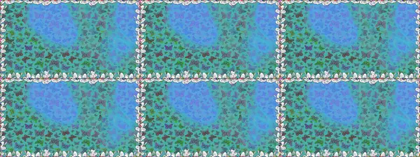 Şirin kelebeklerin kusursuz desenleri. Elle çizilmiş illüstrasyon. Moda Kumaşı Tasarımı. Raster. Mavi ve yeşil renkli resimler.