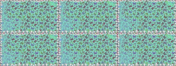 Raster illüstrasyonu. Kusursuz desen. Mavi ve nötr renklerdeki güzel renkli kelebekler. Kumaş, tekstil, baskı ve davet için arkaplan.