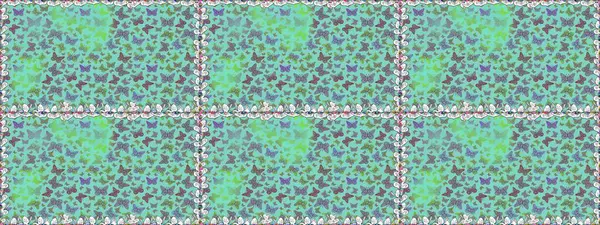 Kumaş, kağıt, ambalaj kâğıdı ve duvar kağıdı tasarımı için harika bir arka plan. Raster. Kusursuz. Kelebek desenli mavi ve yeşil.