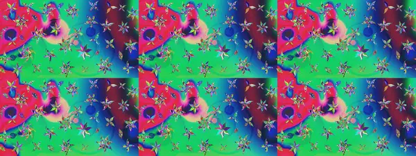 Bir sürü yeşil ve soyut çiçekli tropik eskiz deseni. Varicologreen Raster çizimi. Küçük çiçekte sevimli çiçek deseni var..