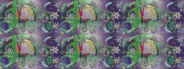 Renkli Yaz Temalı Kusursuz Arkaplan. Raster illüstrasyonunda kusursuz çiçek deseni. Düz Çiçek Elementleri Tasarımı. Yeşil, nötr ve mor renkte çiçekler.