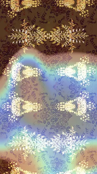 Renkli arka planda izole kar taneleri. Raster illüstrasyonu. Kar taneleri radyal kahverengi, nötr ve mavi renkler.