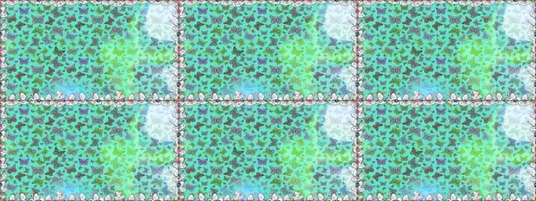 Mavi ve tarafsız şirin kelebekler. Renkli kelebeklerin kusursuz arka planı. Ambalajlar, duvar kağıtları, kumaş tasarımı ve kağıt için güzel bir arka plan. Raster illüstrasyonu.