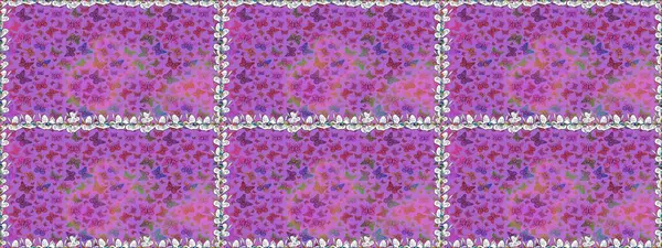 Kusursuz. Raster illüstrasyonu. Kağıt, kumaş ve ambalaj için uygun. Kart, baskı ve davetiye için basit kadınsı bir model. Menekşe ve mor arka planda renkli kelebek koleksiyonu.