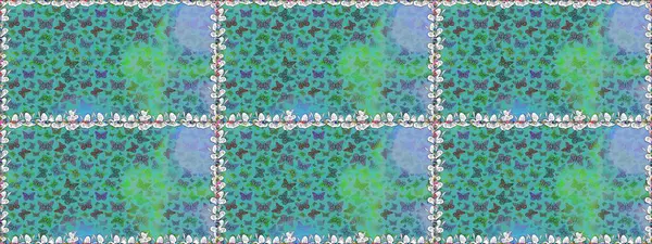 Raster illüstrasyonu. Egzotik hayvanlar. Kumaş, kağıt, ambalaj kâğıdı ve duvar kağıdı tasarımı için harika bir arka plan. Mavi ve yeşil kelebekler. Kusursuz..