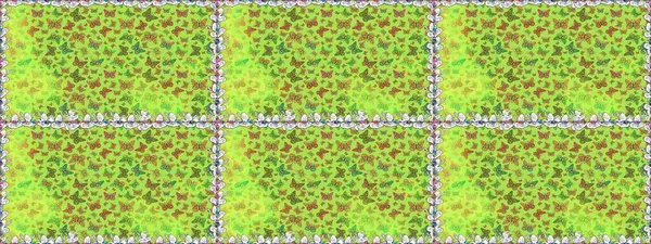 Kusursuz. Yeşil ve sarı renkli resimler. Kelebek desenli güzel çizim tasarımı. Ambalaj kağıtları ve duvar kağıtları için sevimli bir arkaplan, kumaş tasarımı, kağıt.