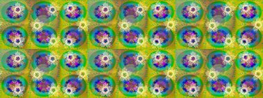 Yeşil, sarı ve mavi renkte kar tanelerinden oluşan kış deseni. Kış konsepti Raster illüstrasyonu. Düz yatıyordu.