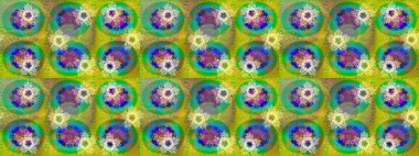 Yeşil, sarı ve mavi renkte kar tanelerinden oluşan kış deseni. Kış konsepti Raster illüstrasyonu. Düz yatıyordu.