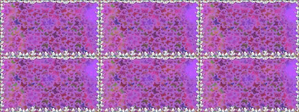 Nakış, egzotik kelebeklerle süslenmiş çiçeksiz desenler. Kart ve parmak izi için basit şirin bir kalıp. Giysi tasarımı için menekşe ve mor arkaplan üzerine geleneksel Raster halk çiçekleri dekoru.