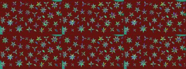 Kırmızı arka planda. Elle çizilmiş çiçek desenli Raster çizimi. Çocuksu tasarım. Tekstil, kumaş, ambalaj, hatıra defteri için güzel çiçek arkaplanı..