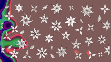 Kumaş, tekstil, duvar kağıdı baskısı için. Raster illüstrasyonu. Renkli desenli eskiz deseni, kahverengi çiçekler ve dekoratif elementlerle. Eskiz geçmişi. Antika retro tarzı.