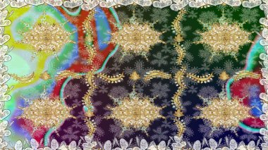 El yapımı dekoratif çerçeve, albüm kapağı, tebrik kartı, klasik Art deco tarzı. Raster soyut çiçek çelengi altın karalama fantezi yaprakları ve tarafsız renklerde çiçek.