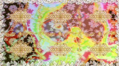 El yapımı dekoratif çerçeve, albüm kapağı, tebrik kartı, klasik Art deco tarzı. Raster soyut çiçek çelengi altın karalama fantezi yaprakları ve tarafsız renklerde çiçek.