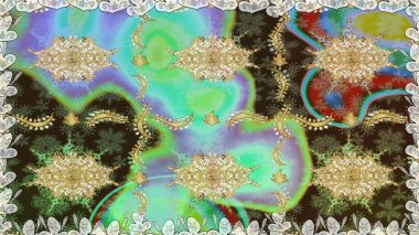 Parlak dantel, stilize çiçekler, şal desenli. Kusursuz altın desenli bukleler. Raster sanatı. Hassas altın deseni açın. Yeşil renklerde, altın elementlerle kusursuz desen. Doğu tarzı arabesk