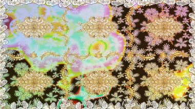 Tarafsız renklerdeki altın desenler ve altın elementler. Lüks, kraliyet ve Viktorya dönemi konsepti. Raster klasik barok çiçeksiz altın desenli. Süsleme.