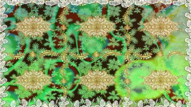 Kusursuz soyut bir arkaplan. Raster illüstrasyonu. Oriental raster klasik yeşil ve altın desenli.