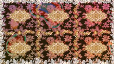 Altın şablon. Raster illüstrasyonu. Klasik çiçek dokusu. Kart, duvar kağıdı, ambalaj ve tekstil için klasik tasarım. Kahverengi renkte Royal retro. Kusursuz desenli altın elementler.