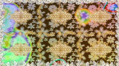 Barok tarzında altın çiçekli süs. Doku arka planında altın duvar kâğıdı. Kahverengi renklerde altın element. Damask kusursuz yinelenen arkaplan.