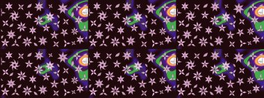 Suluboya elle çizilmiş çiçek desenli eskiz deseni. Parlak renkli fantezi çiçekleri, yapraklar, kahverengi renkli tomurcuklar, kahverengi.