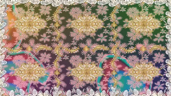 Şık bir grafik desen. Duvar kâğıdı barok, İspanyol kumaşı. Kusursuz raster arka plan. Çiçek deseni. Tarafsız renklerdeki altın elementler.