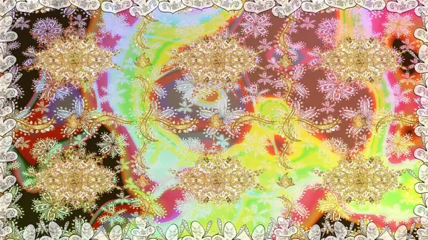 El yapımı dekoratif çerçeve, albüm kapağı, tebrik kartı, klasik Art deco tarzı. Raster soyut çiçek çelengi altın karalama fantezi yaprakları ve tarafsız renklerde çiçek.