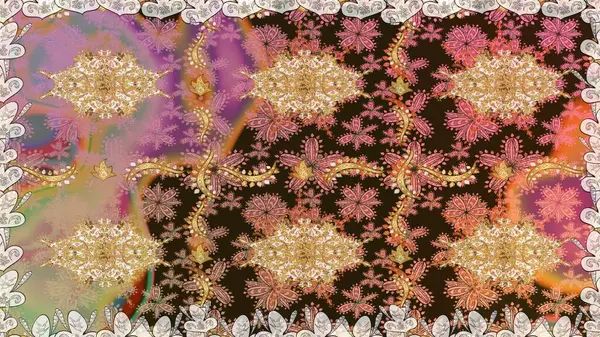 Kahverengi renklerde altın desenler ve altın elementler. Kusursuz altın desen. Raster doğulu süsü.