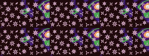 Suluboya elle çizilmiş çiçek desenli eskiz deseni. Parlak renkli fantezi çiçekleri, yapraklar, kahverengi renkli tomurcuklar, kahverengi.