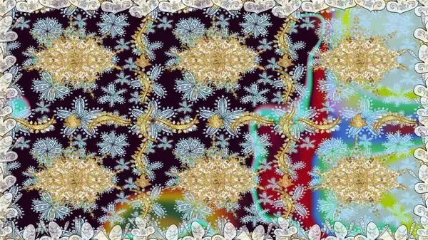 Raster illüstrasyonu. Tarafsız renklerde altın rengi ve altın elementler üzerinde altın pürüzsüz desen. Kusursuz damaske klasik altın desen. Tekrarlayan ögelerle soyut arkaplan Raster.