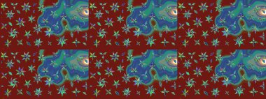 Raster çiçek desenli çiçek deseni, yapraklar, dekoratif elementler, sıçrama, lekeler, el çizimi kontur çizgileri ve Doodle çizim stili, grafik raster çizim çizimi.