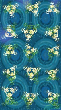 El çizimi, dövme stili karalama, kumaş tasarımı ve Raster illüstrasyonunda kartlar. Contour blue, green and beige mandala biçimli kar taneleri sanat terapisi tarzı zen çizim için.