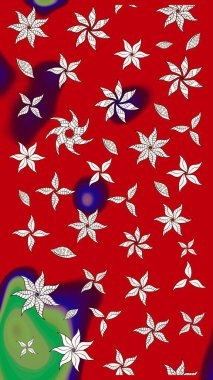 Eskiz arkaplan modeli. Raster - stok. Yapraklı çiçekler ve kırmızı renkli papatya çiçekleri..