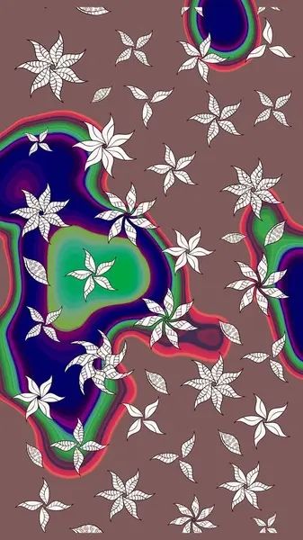 Raster illüstrasyonu. Eski usul. Renkli desenli eskiz deseni, kahverengi çiçekler ve dekoratif elementlerle. Kumaş, tekstil, duvar kağıdı baskısı için. Taslak arkaplan.