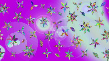 Raster illüstrasyonu. Şirin çiçekli eskiz deseni ve mor renkli yapraklar, suluboya çiçek deseni, duvar kağıdı, kart veya kumaş için fayanslı.