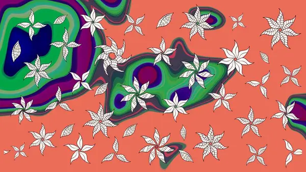 Raster illüstrasyonu. Turuncu renkli Asya tekstili. Suluboya çiçekli çiçek deseni.