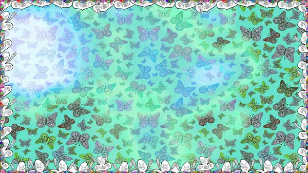 Renkli folklorlu, kelebekli kusursuz desen. Paketleme, kağıt ve kumaş için uygun. Mavi ve nötr arkaplanda renkli kelebekler.