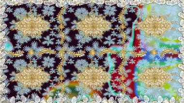 Raster illüstrasyonu. Tarafsız renklerde altın rengi ve altın elementler üzerinde altın pürüzsüz desen. Kusursuz damaske klasik altın desen. Tekrarlayan ögelerle soyut arkaplan Raster.