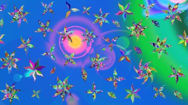 Çocuksu tasarım. Tekstil, kumaş, ambalaj, hatıra defteri için hoş bir çiçek arkaplanı. Elle çizilmiş çiçek desenli Raster çizimi. Mavi arkaplanda.