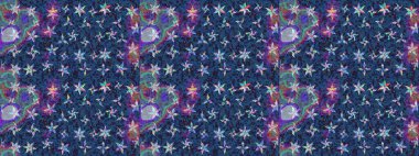 Tekrar eden çiçek arkaplanı, zarif mavi çiçek duvar kağıdı. Mavi renkler üzerine çiçek desenli çizimler, el yapımı papatyalar, papatyalar..