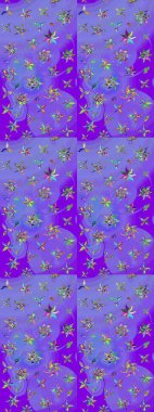 Asya tekstil tarzında. Raster illüstrasyonu. Raster illüstrasyonu. Mor renkli çiçekler. Çiçek desenini çiz.