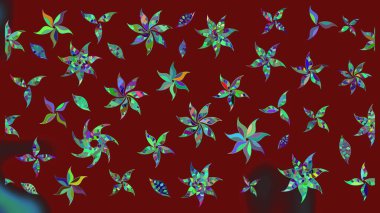 Şirin çiçekli eskiz deseni ve kırmızı renklerde yapraklar, suluboya çiçek deseni, duvar kağıdı, kart veya kumaş için fayanslı. Raster illüstrasyonu.